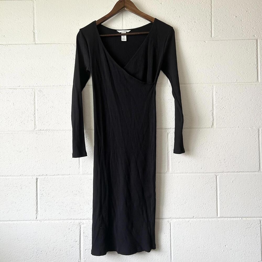 H&M Ribbed V-Neck Long Sleeve Maternity Midi Bodycon Fitted Dress Women's Small